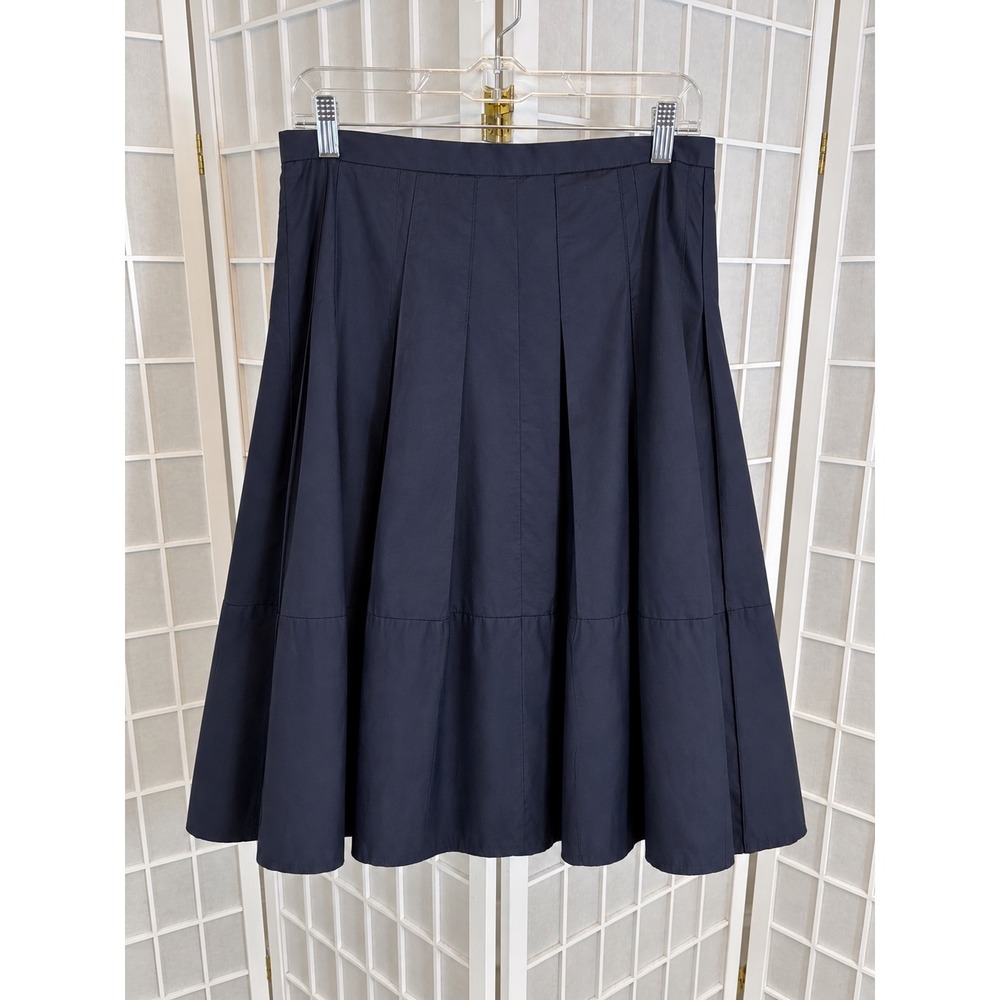 Ann Taylor Navy Blue Pleated Midi Skirt 10 A-Line Tiered Cotton Blend Office